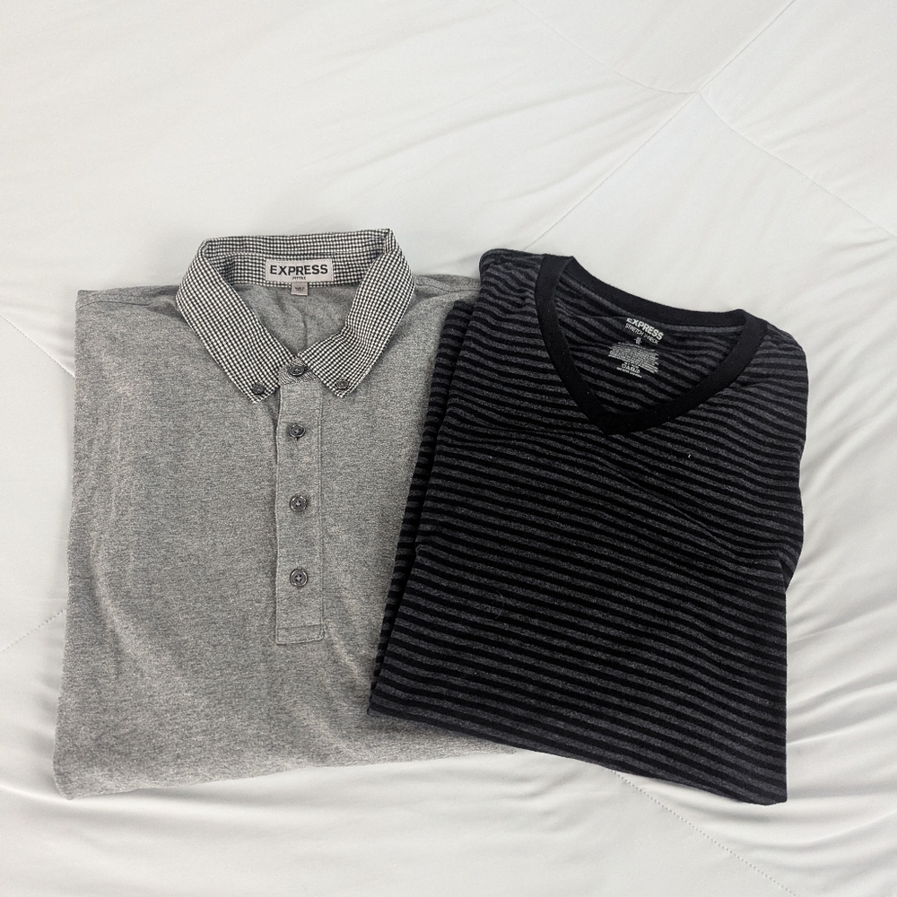 Express Heather Gray Polo Shirt And Black Gray V Neck Bundle XL